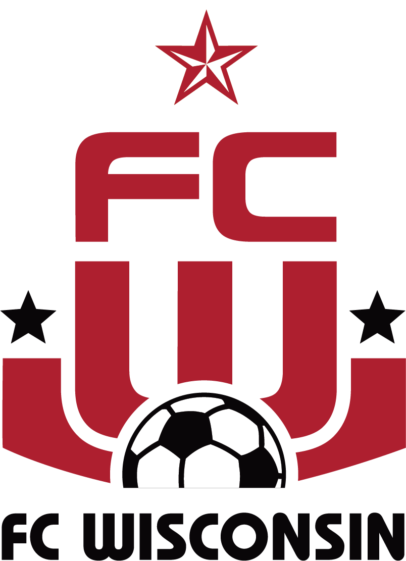 The FCW OTH Logo Black Text FC features a stylized red "FC" above a large red "W" shape that cradles a black and white soccer ball. A red star sits at the top, two black stars are on either side, and the words "FC WISCONSIN" are in bold black text at the bottom.