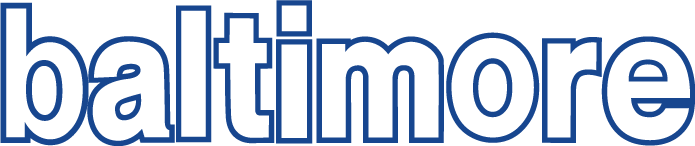 A bold graphic of the word "baltimore" in lowercase, featuring white letters with a thick royal blue outline.