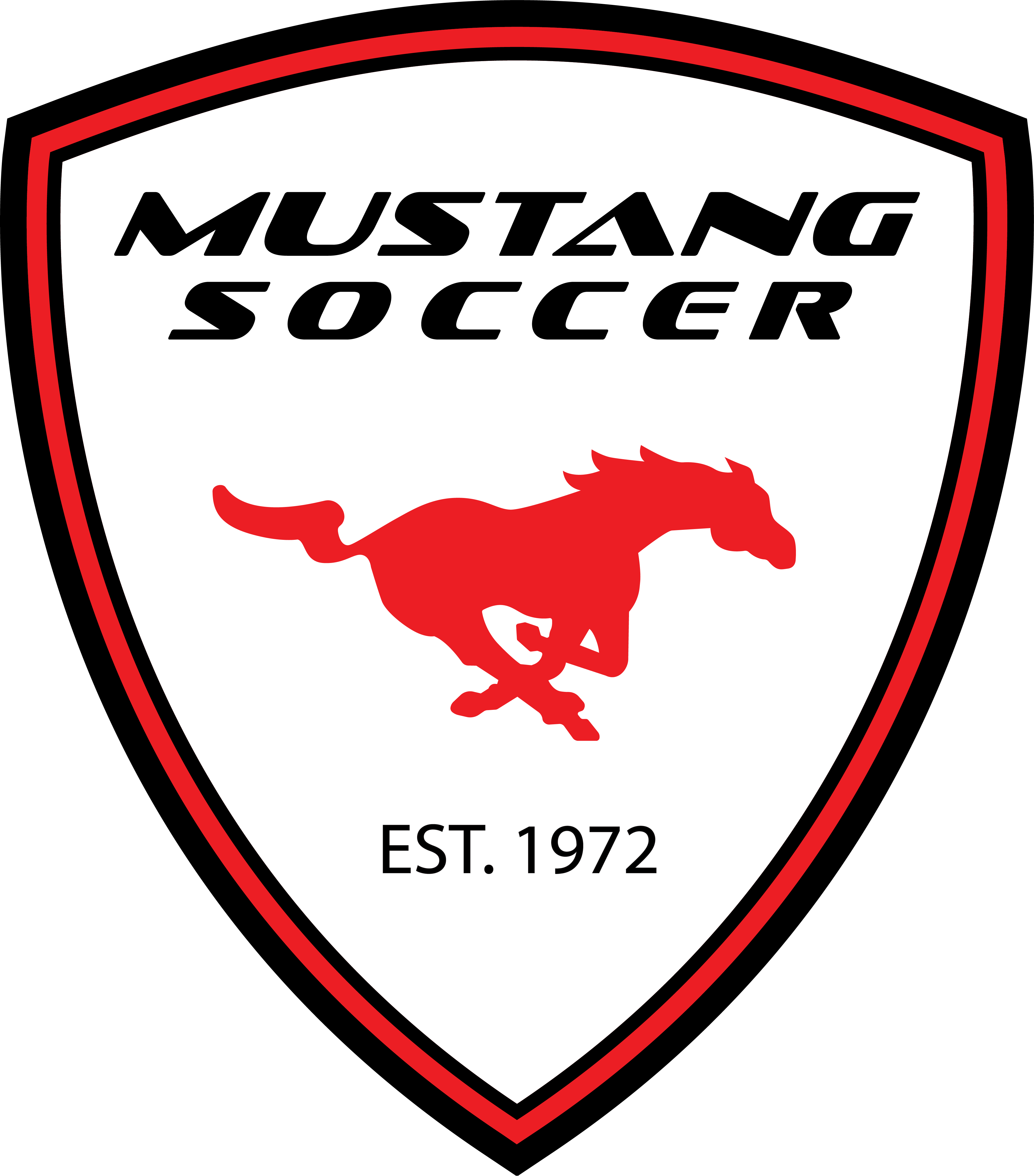 A shield-shaped Mustang Crest logo with a white background and red and black borders, featuring the black text "MUSTANG SOCCER" above a red silhouette of a galloping mustang, and the text "EST. 1972" below.