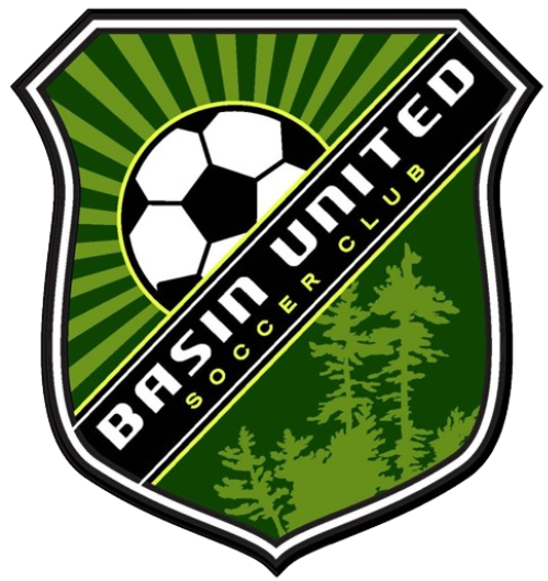 Shield-shaped logo for Basin United Soccer Club featuring a soccer ball, evergreen trees, and green sunburst rays. The club name is on a diagonal black band.