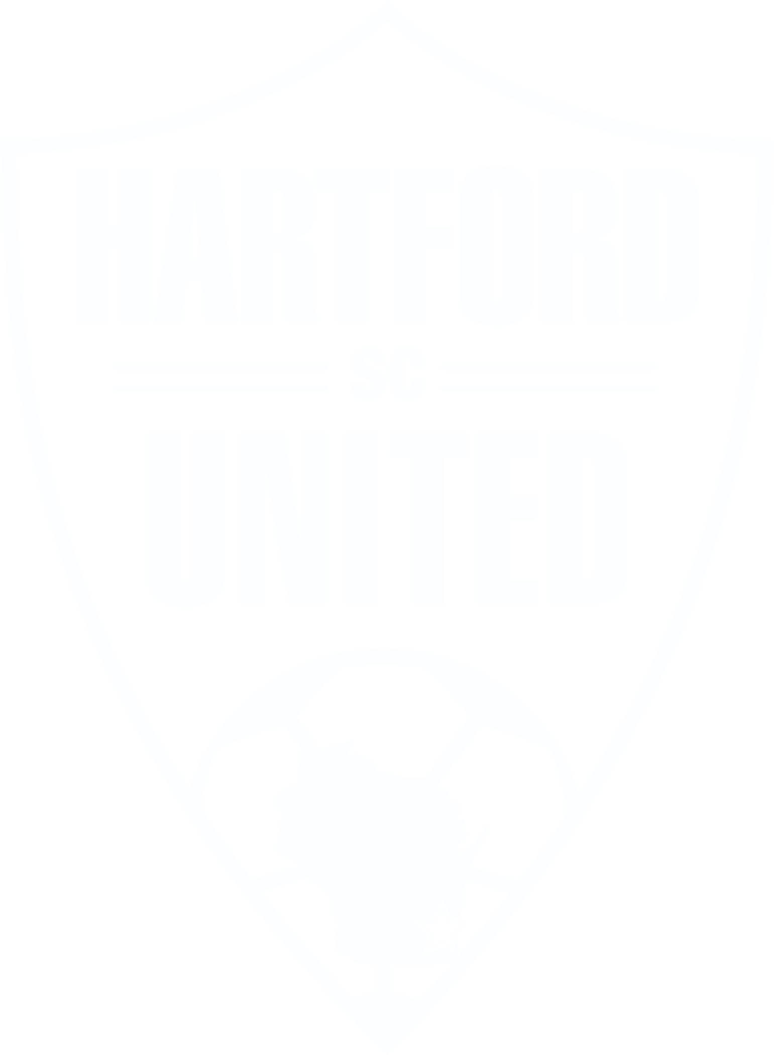 HU5 - Hartford United "CREST" FULL White: An all-white, shield-shaped soccer crest featuring the text "HARTFORD UNITED SC" and a soccer ball graphic at the bottom.