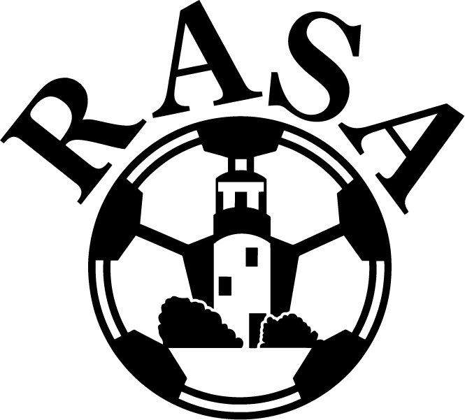 A black and white logo for the AFCU8 - AFC Union "RASA" POCKET Black, featuring the word "RASA" in a bold arched font above a circular emblem. The emblem integrates a soccer ball pattern with a central illustration of a lighthouse and bushes.