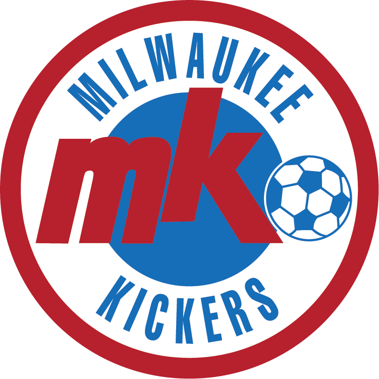 A circular logo for the Milwaukee Kickers featuring a thick red outer ring, blue arched text reading "MILWAUKEE" at the top and "KICKERS" at the bottom, and a central blue circle with large red lowercase "mk" letters and a blue and white soccer ball.