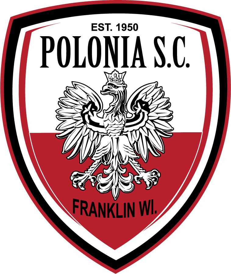 A shield-shaped crest for Polonia S.C. featuring a white crowned eagle centered on a red and white background. The crest includes the text "EST. 1950" and "POLONIA S.C." at the top, and "FRANKLIN WI." at the bottom.