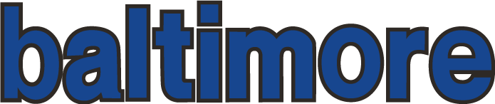 The word "baltimore" in bold, lowercase royal blue letters with a thick black outline.