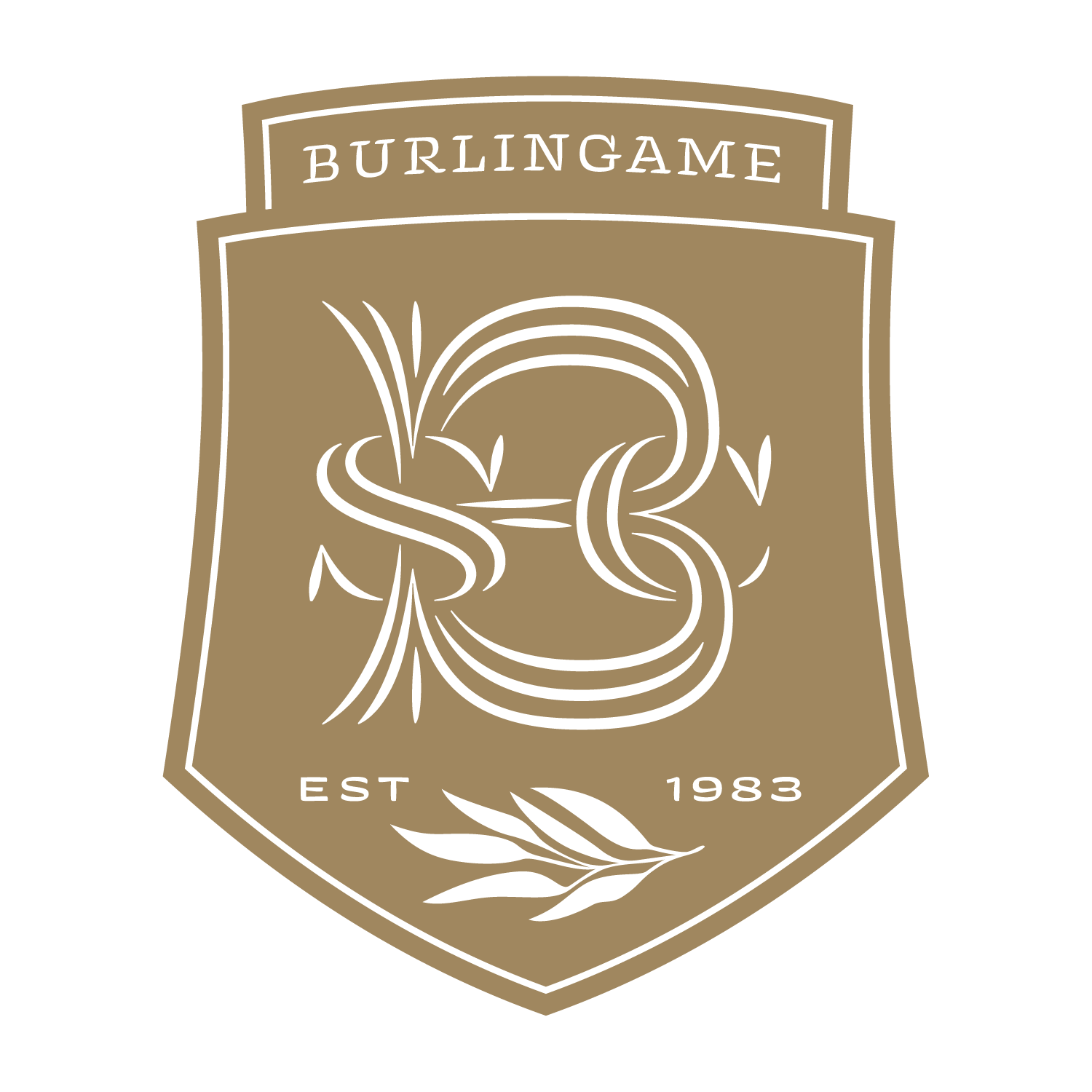 Gold shield logo with "BURLINGAME" at top, an ornate white monogram center, and "EST 1983" with a leaf branch at the bottom.