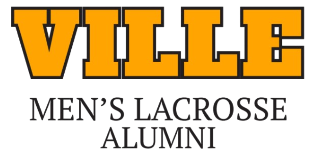Logo for VILLE MEN'S LACROSSE ALUMNI with large orange block text for VILLE above grey serif text for MEN'S LACROSSE ALUMNI on a black background.