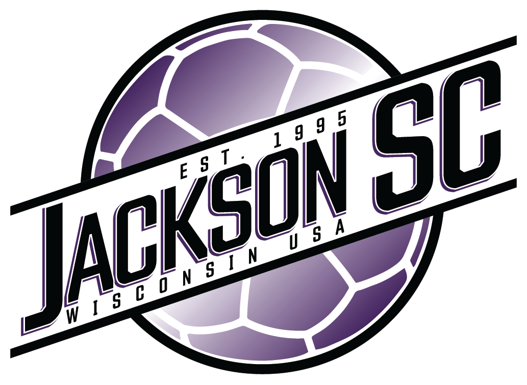 Logo for Jackson SC featuring a purple and white soccer ball behind a diagonal banner reading "JACKSON SC", "EST. 1995", and "WISCONSIN USA".