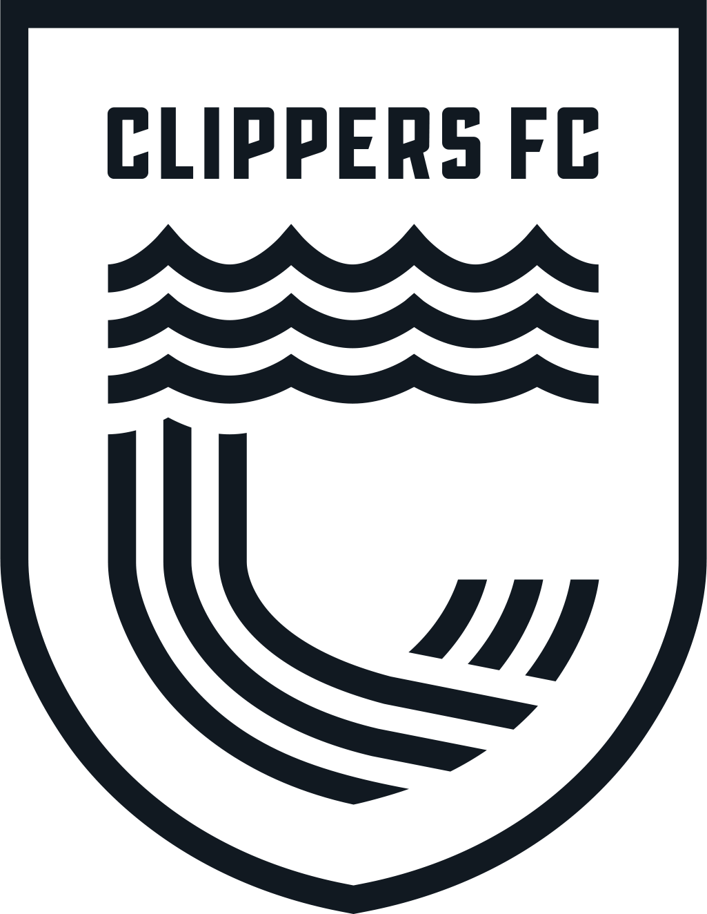 Clippers Spiritwear Logo 5 (Black) features a shield containing the text "CLIPPERS FC" above stylized waves and a large letter "C" formed by multiple curved lines.