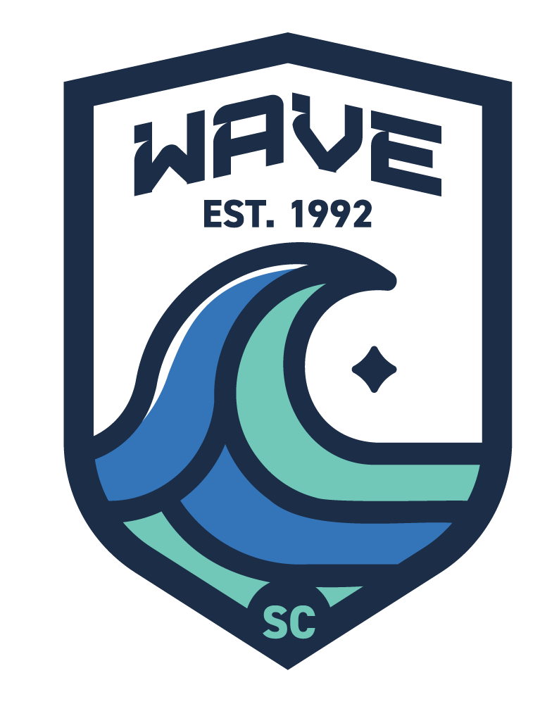 Shield-shaped logo for WAVE SC, established in 1992, featuring a dark navy border and a blue and teal breaking wave graphic with a small star.