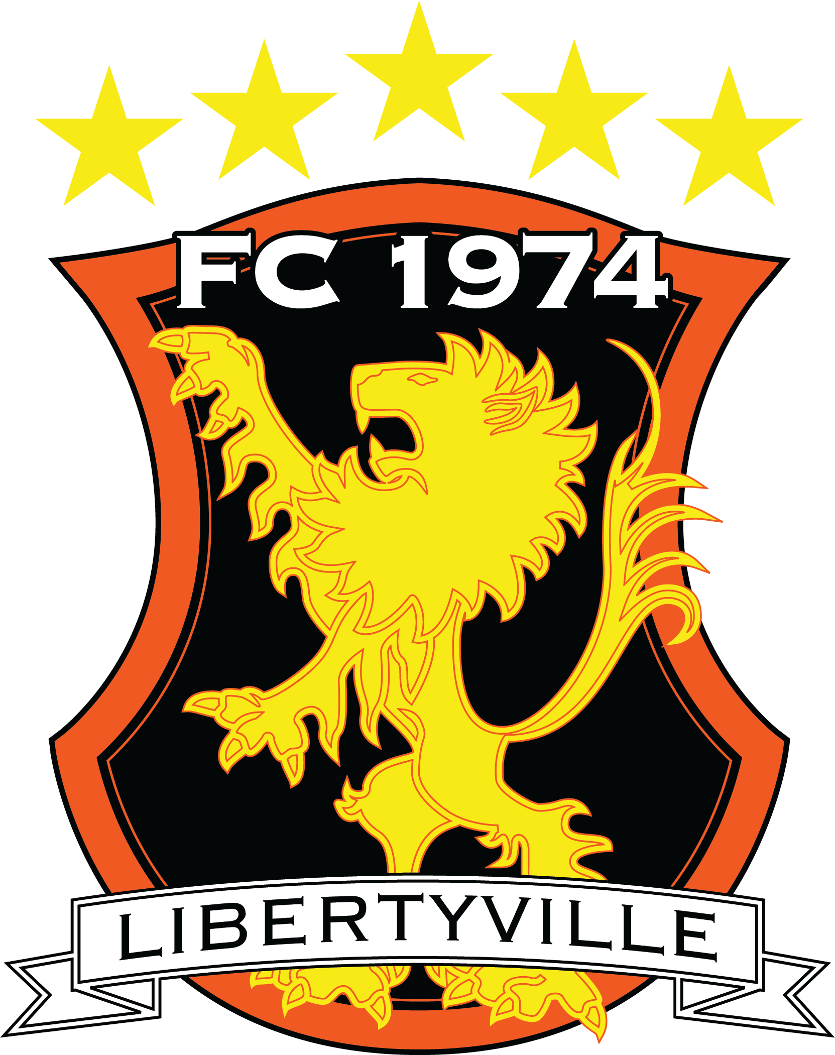 GLSA9 - GLSA FC "CREST" FULL Color featuring a central yellow rampant lion on an orange and black shield. The text "FC 1974" is at the top, five yellow stars are arched above, and a white banner with "LIBERTYVILLE" is at the bottom.