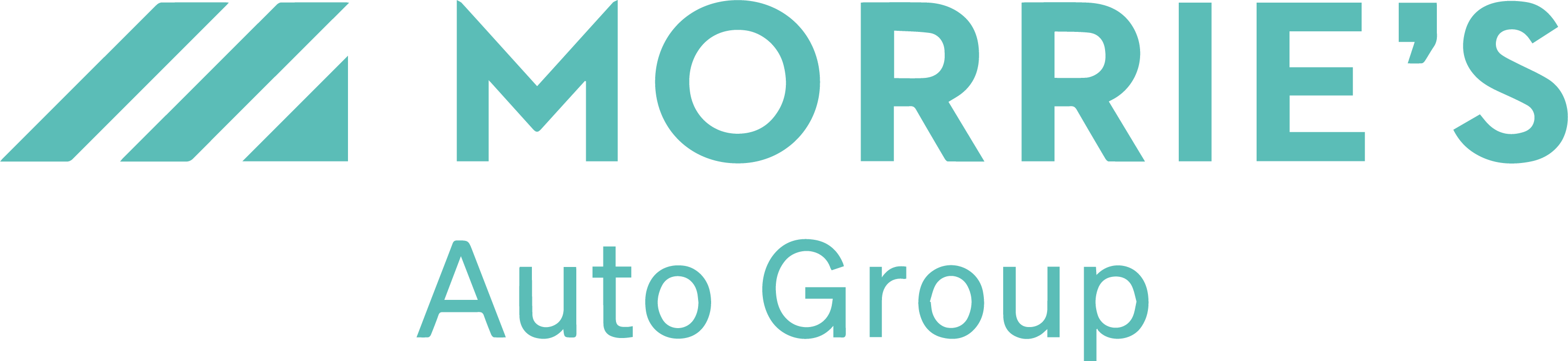 A logo for Morrie's Auto Group in LXU Morries CC Teal, featuring three slanted parallel bars followed by the brand name on a black background.