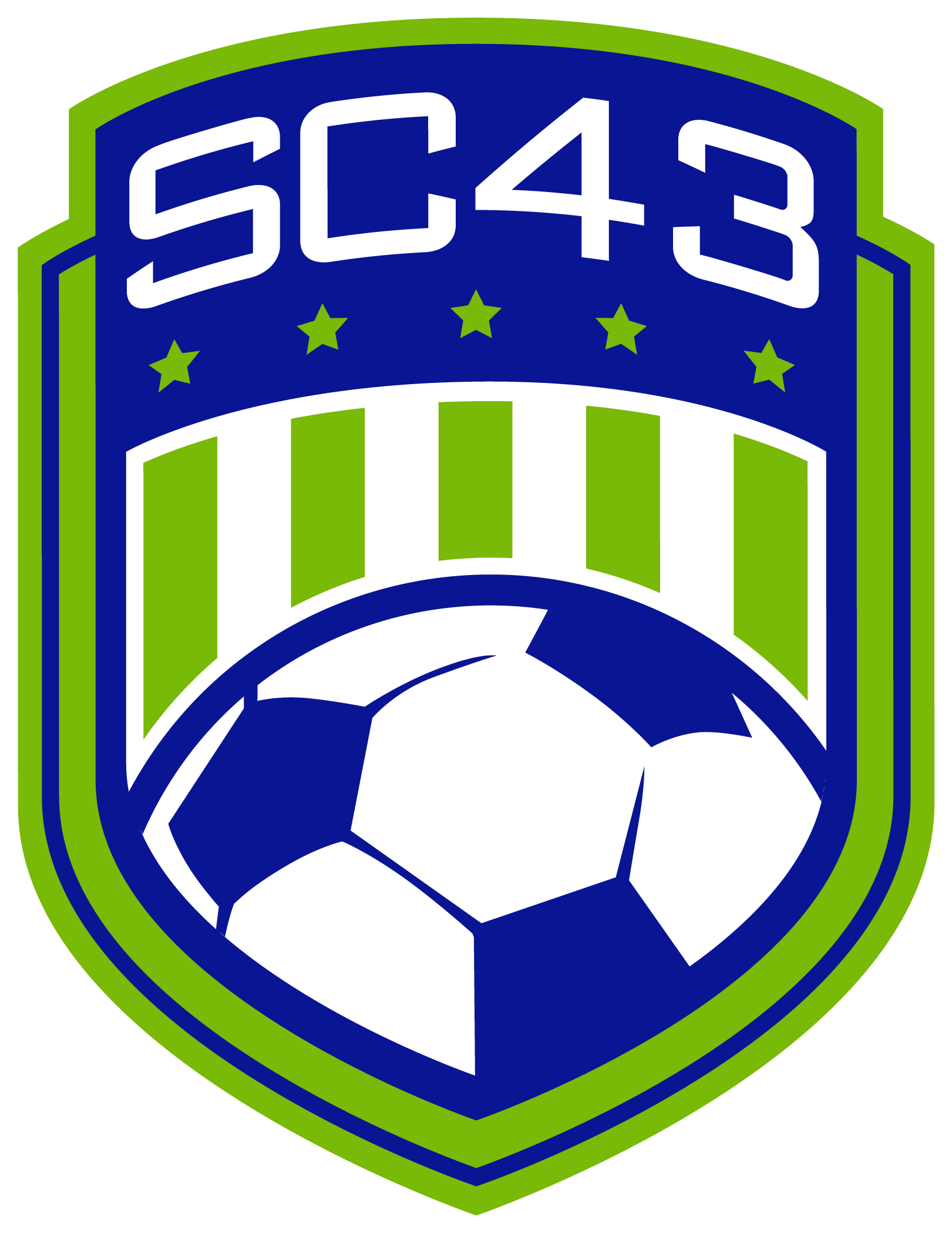 A shield-shaped logo for SC43-1 - SC 43 "CREST" FULL Color featuring white "SC 43" text at the top, five small lime green stars, and a large soccer ball at the bottom. The crest is primarily blue with lime green and white accents, including vertical stripes behind the ball and a multi-layered border.
