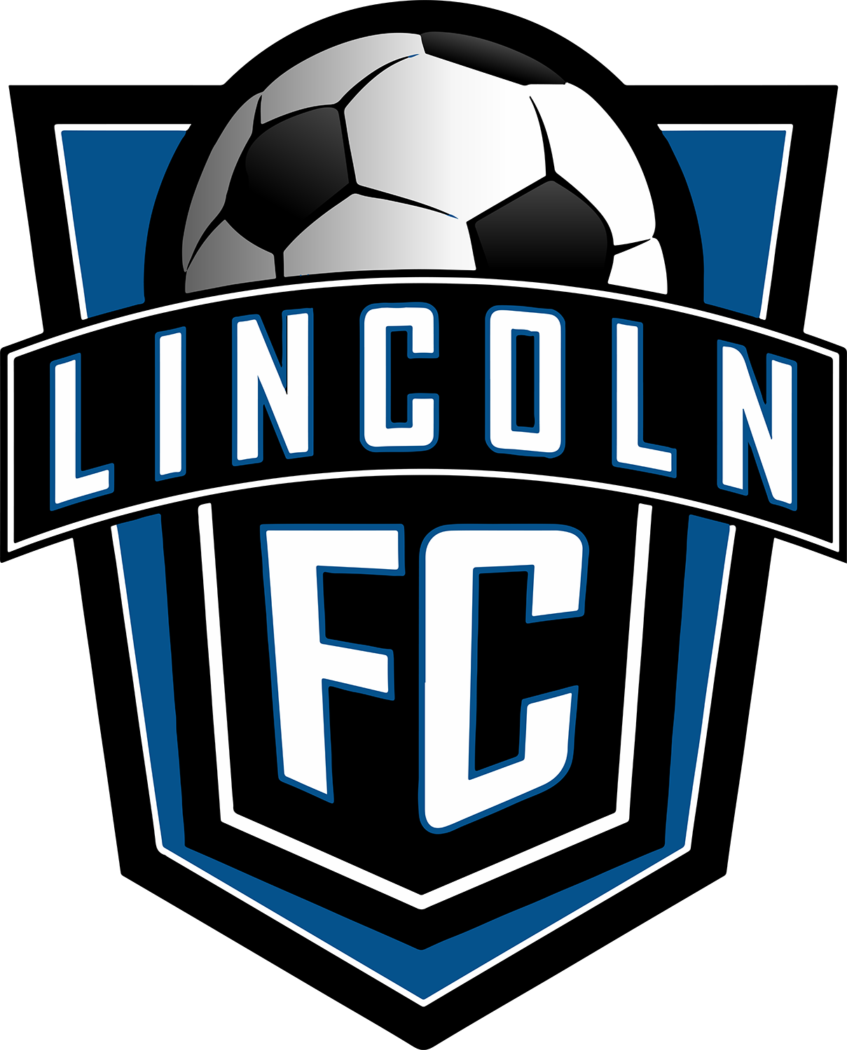 Logo for Lincoln FC featuring a soccer ball atop a blue and black shield with bold white lettering.