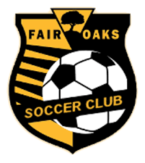 FOSC CREST: A shield-shaped soccer club logo in black and gold featuring a central soccer ball, a silhouette of an oak tree at the top, and the text "FAIR OAKS SOCCER CLUB."