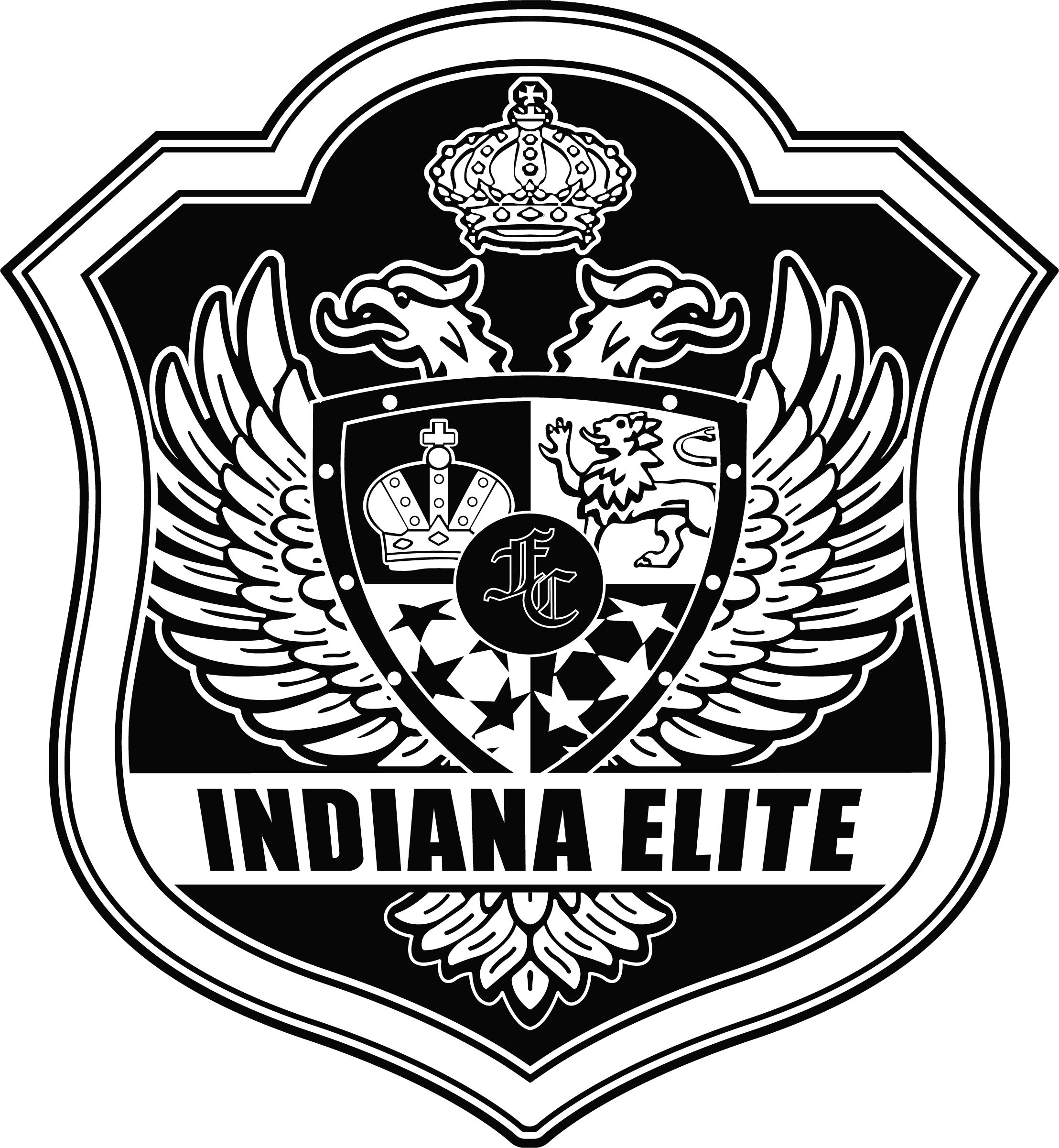 A black and white heraldic crest for INDE2 - Indiana Elite "CREST" FULL Black. The design features a double-headed eagle with a central shield topped by a crown. The words "INDIANA ELITE" are printed in bold capital letters across a horizontal bar near the bottom.