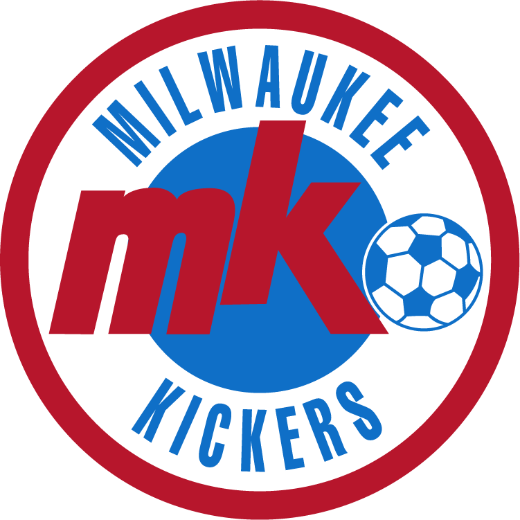 LXU MKSC TAG Logo: A circular emblem with a thick red border featuring the words "MILWAUKEE" at the top and "KICKERS" at the bottom in blue. The center contains a blue circle with bold red "mk" letters and a blue-and-white soccer ball graphic to the right.