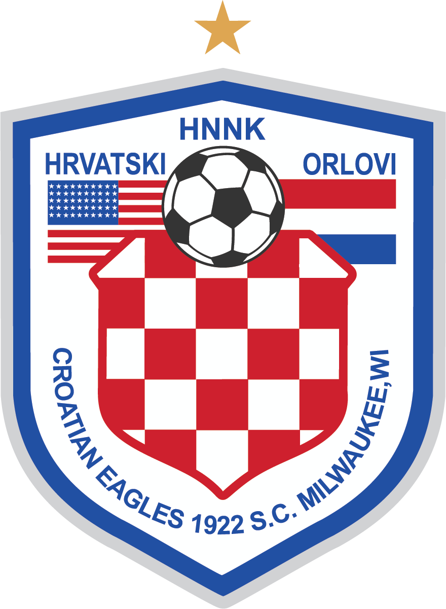 CESC4 - Croatian Eagles "CREST" POCKET Color: A shield-shaped logo featuring a soccer ball above a red and white checkered shield, set against the US and Croatian flags. The blue-bordered crest is topped with a gold star and includes the text "HNNK HRVATSKI ORLOVI" and "CROATIAN EAGLES 1922 S.C. MILWAUKEE, WI."