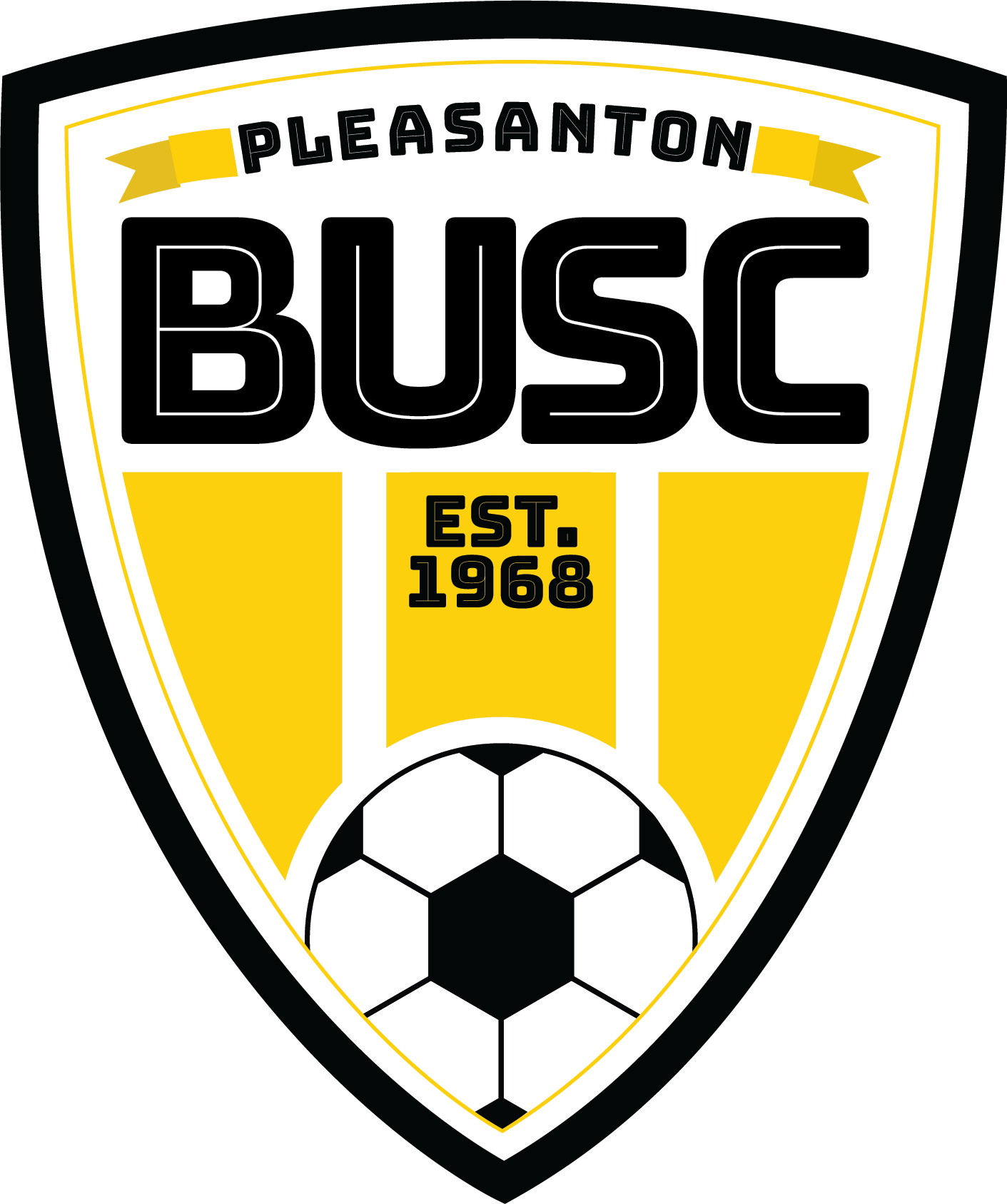 A shield-shaped soccer club logo for BUSC Crest Black, featuring black, white, and yellow colors. The design includes "PLEASANTON" on a top ribbon, large "BUSC" lettering in the center, "EST. 1968" over vertical yellow stripes, and a soccer ball at the bottom.