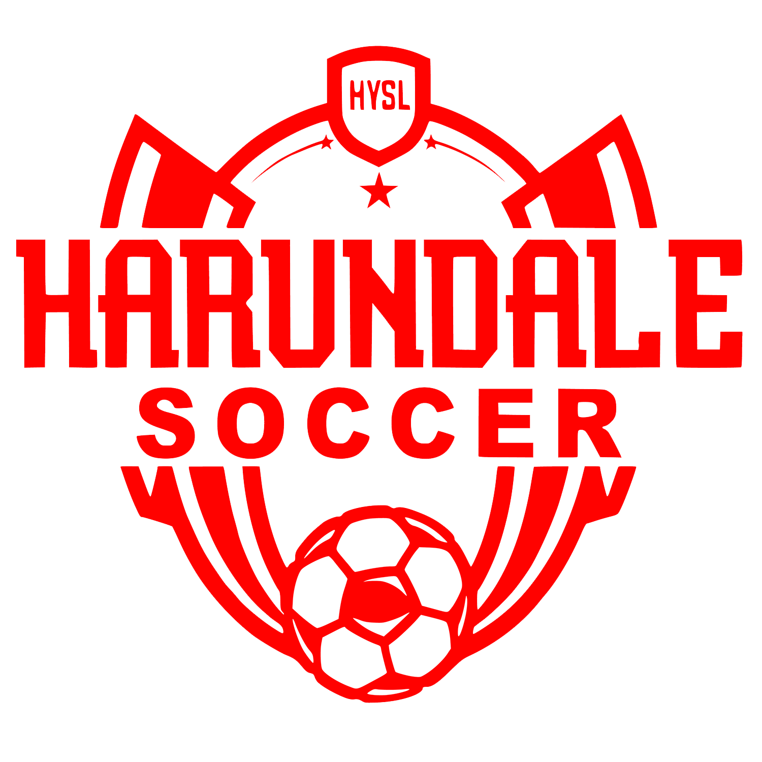 Red and white logo for Harundale Soccer featuring a soccer ball, three stars, and a shield with the text HYSL at the top.