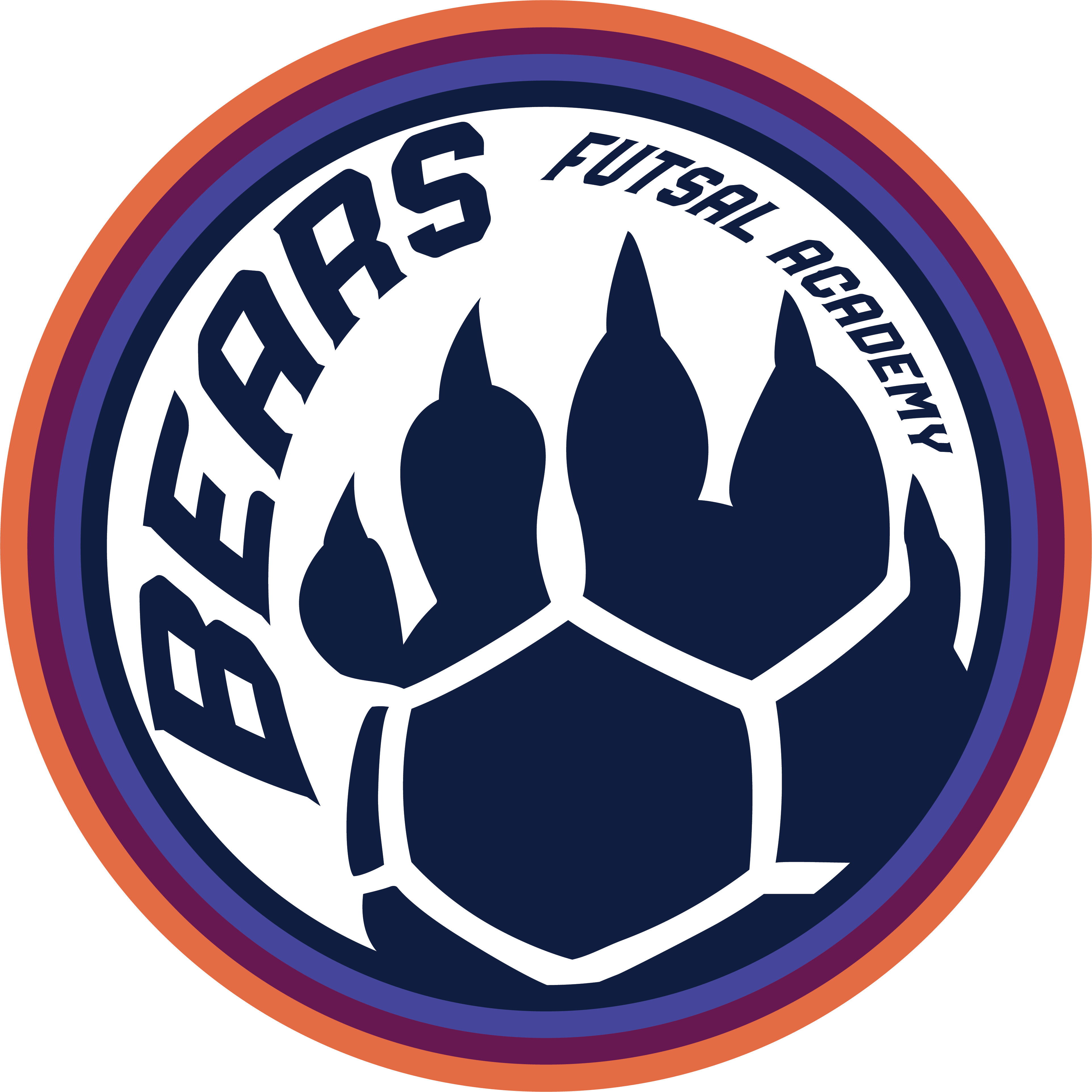 A circular logo for EAFC Bears (Full Color) featuring a navy blue bear paw print integrated with a soccer ball pattern. The text "BEARS FUTSAL ACADEMY" curves around the top of the paw print, all enclosed in concentric orange, purple, and navy borders.