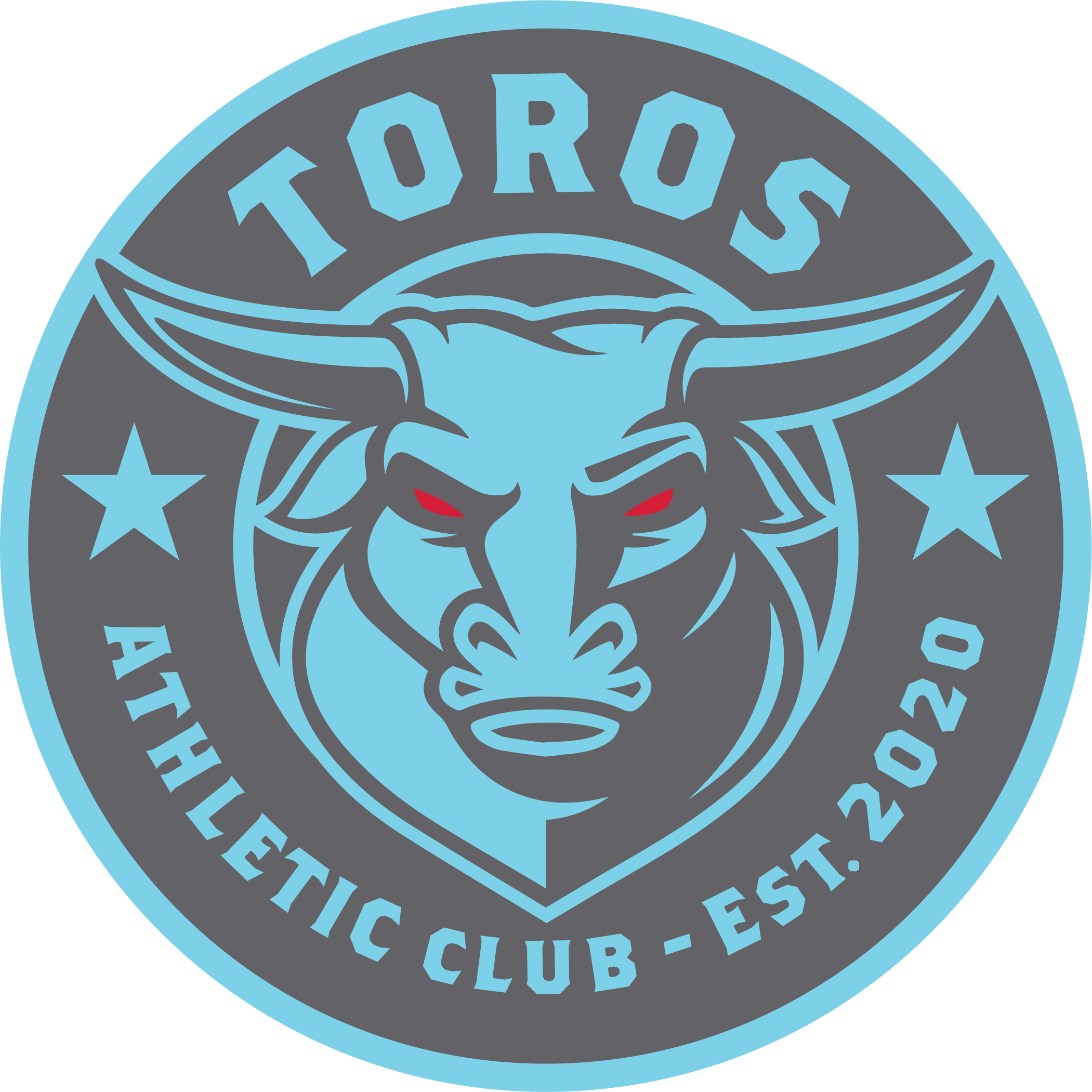 A circular TORO CC Logo featuring a light blue and grey stylized bull head with red eyes in the center. The text "TOROS" arches across the top, while "ATHLETIC CLUB - EST. 2020" and two stars are at the bottom.