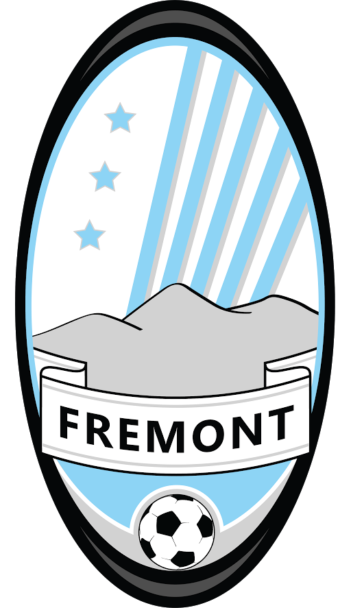 Vertical oval crest for Fremont with light blue stars and stripes, gray mountains, and a soccer ball. The name "FREMONT" is displayed on a white banner across the middle.