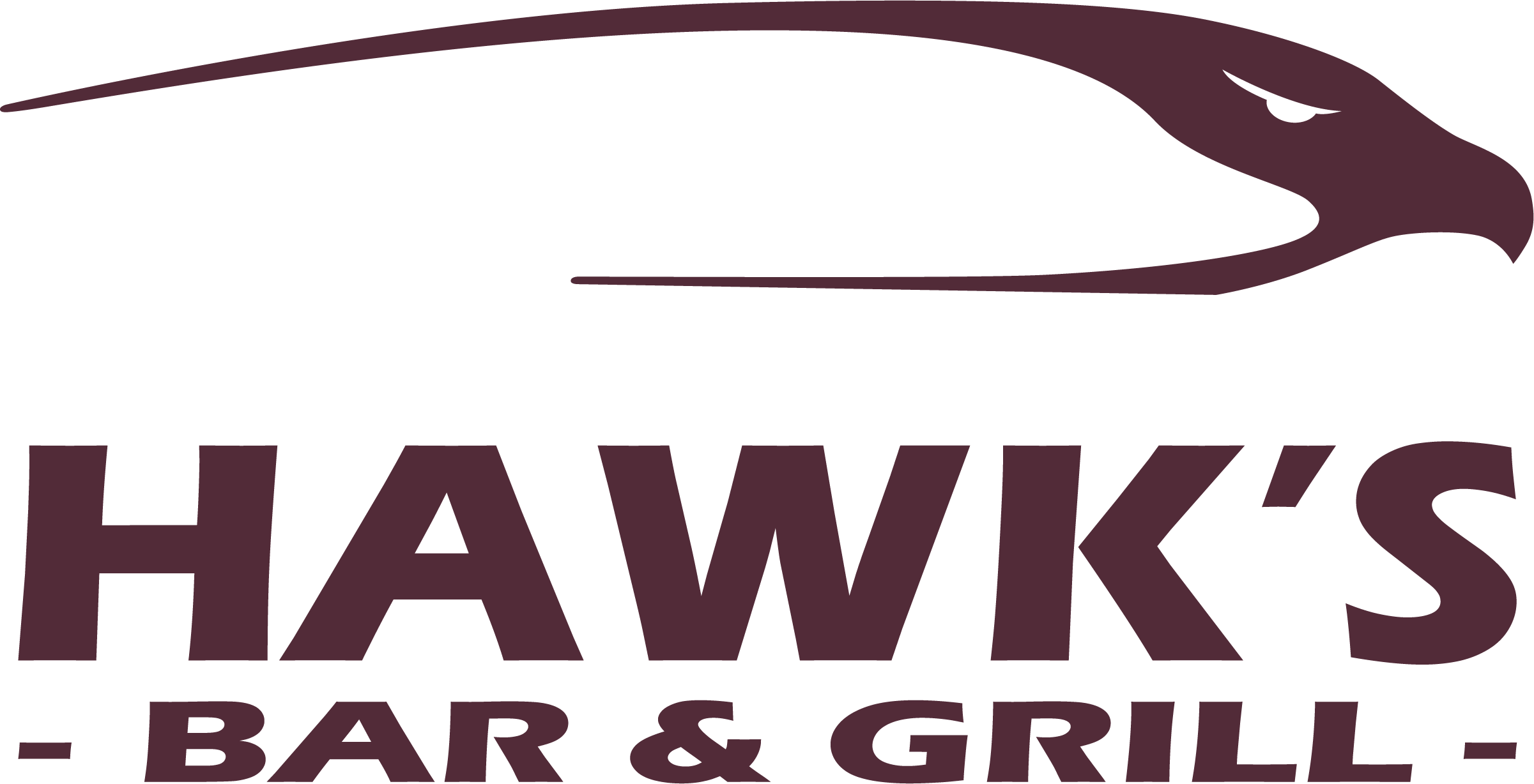 The logo for "HAWK'S BAR & GRILL" is rendered in a solid dark maroon. At the top is a minimalist, sleek profile of a hawk's head facing right. Below the graphic, the word "HAWK'S" is written in a large, bold, sans-serif font, followed by the smaller text "- BAR & GRILL -" underneath.