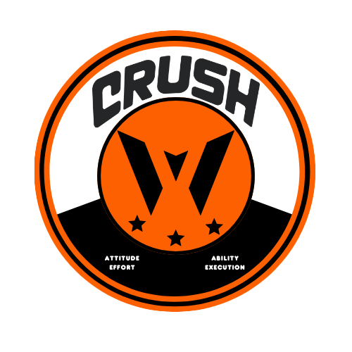 A circular orange and black logo featuring "CRUSH" arched at the top. A central orange circle contains a stylized black "W" above three stars and four motivational words at the bottom.