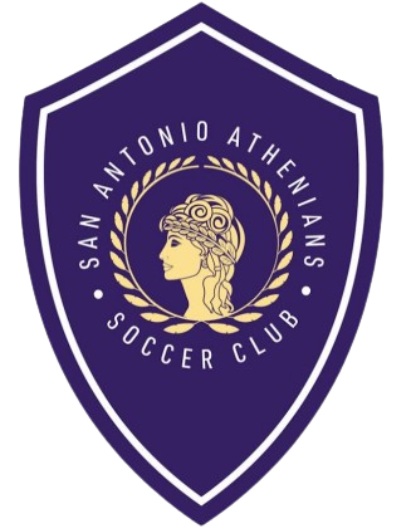 Purple shield logo for San Antonio Athenians Soccer Club. It features a gold female profile within a laurel wreath, surrounded by circular text with the club's name.