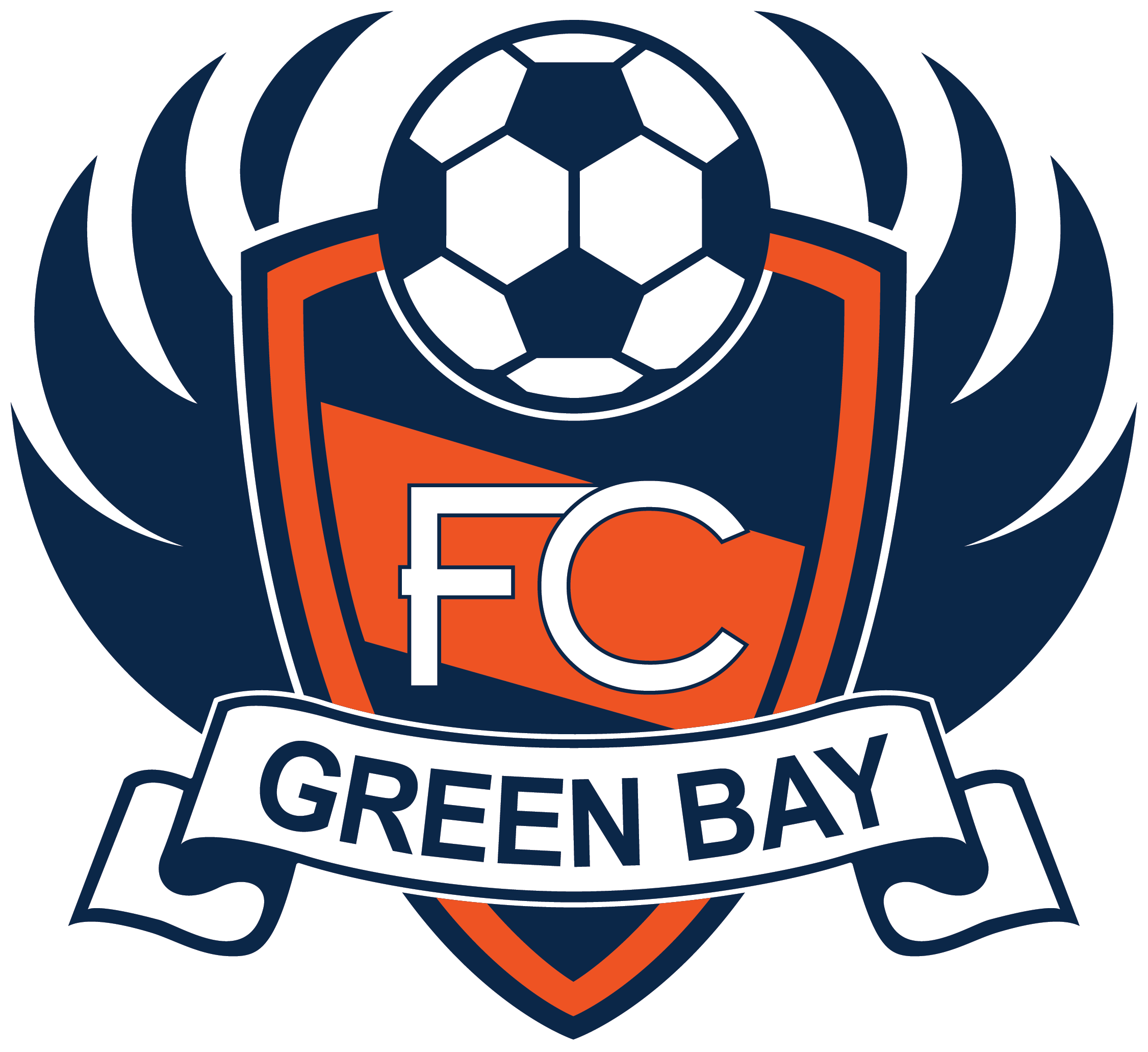 FCGB4 - FC Green Bay "CREST" FULL Color: A sports logo featuring a central navy blue and orange shield with a soccer ball on top, navy blue wings, and a banner at the bottom reading "GREEN BAY".
