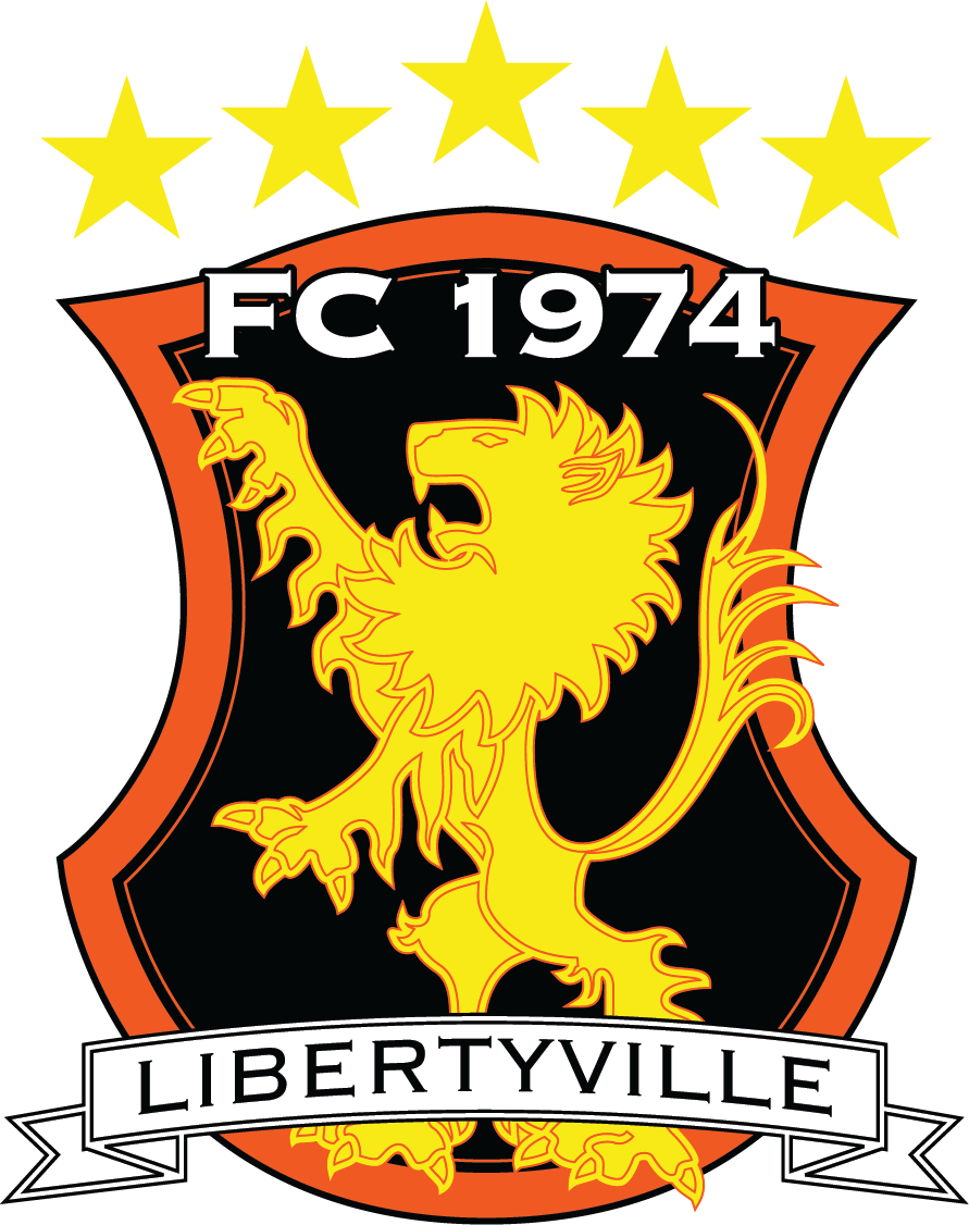 GLSA11 - GLSA FC "CREST" POCKET Color: A sports crest featuring a black shield with an orange border and a central yellow rampant lion. The text "FC 1974" is positioned above the lion, and a white banner below reads "LIBERTYVILLE." Five yellow stars are arched across the top.