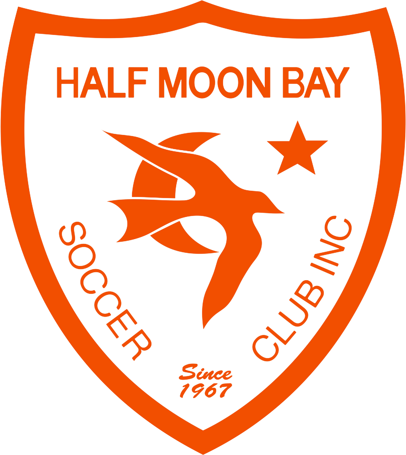 Orange and white shield logo for Half Moon Bay Soccer Club Inc. Centered is a stylized bird, crescent moon, and star. Includes the text "Since 1967" at the bottom.