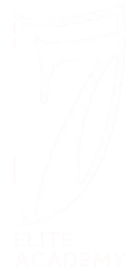 Logo for Elite Academy featuring a white stylized number 7 inside a curved banner shape, with the words "ELITE ACADEMY" printed in all caps below it.