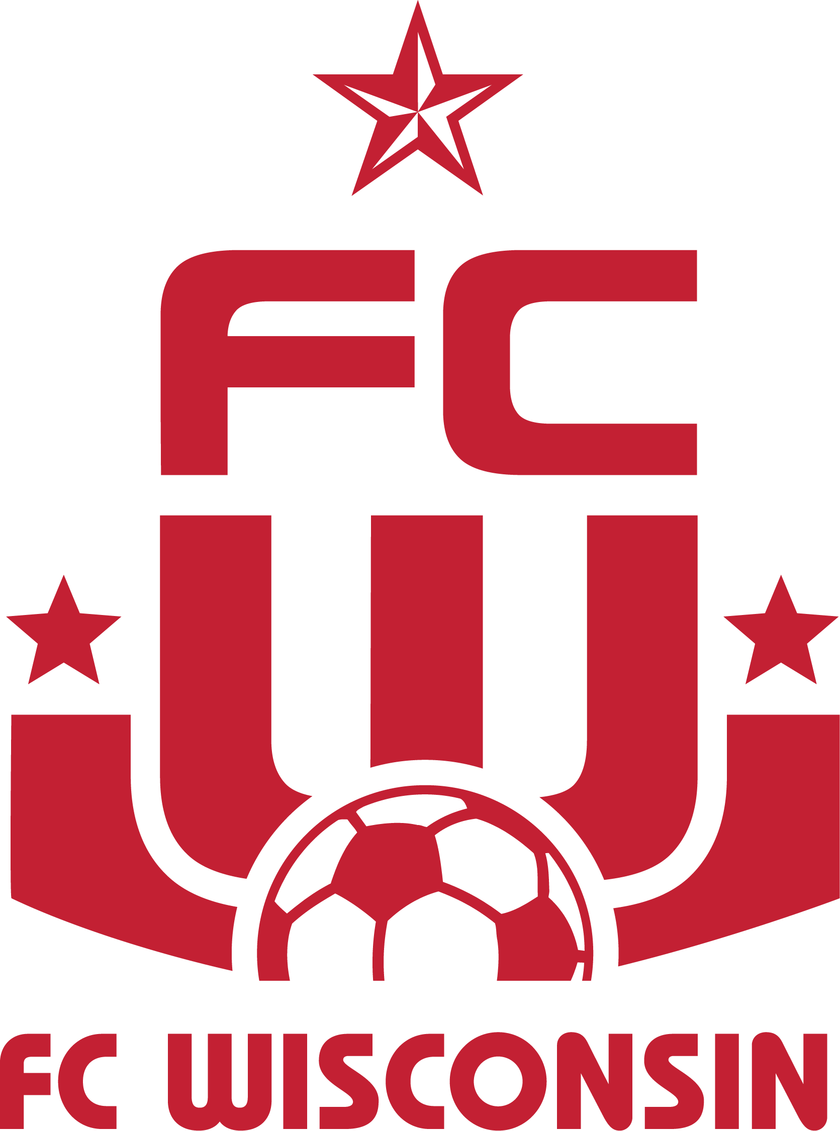 Red FC Wisconsin logo featuring stylized "FC" and "W" letters, a soccer ball at the base, and three five-pointed stars.