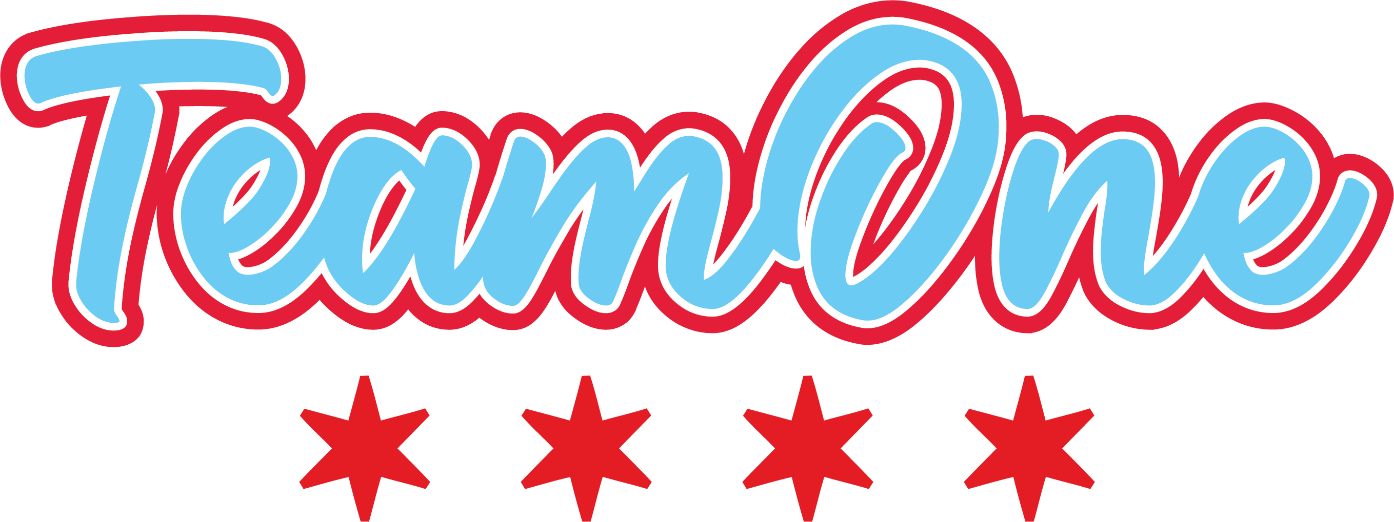 A TEAMO1 - Team One "TEAM ONE" Red & Blue logo featuring light blue cursive script text with white and red outlines, above four red six-pointed stars.