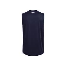 The back view of a navy blue sleeveless athletic shirt with a small white Under Armour logo centered below the neckline.