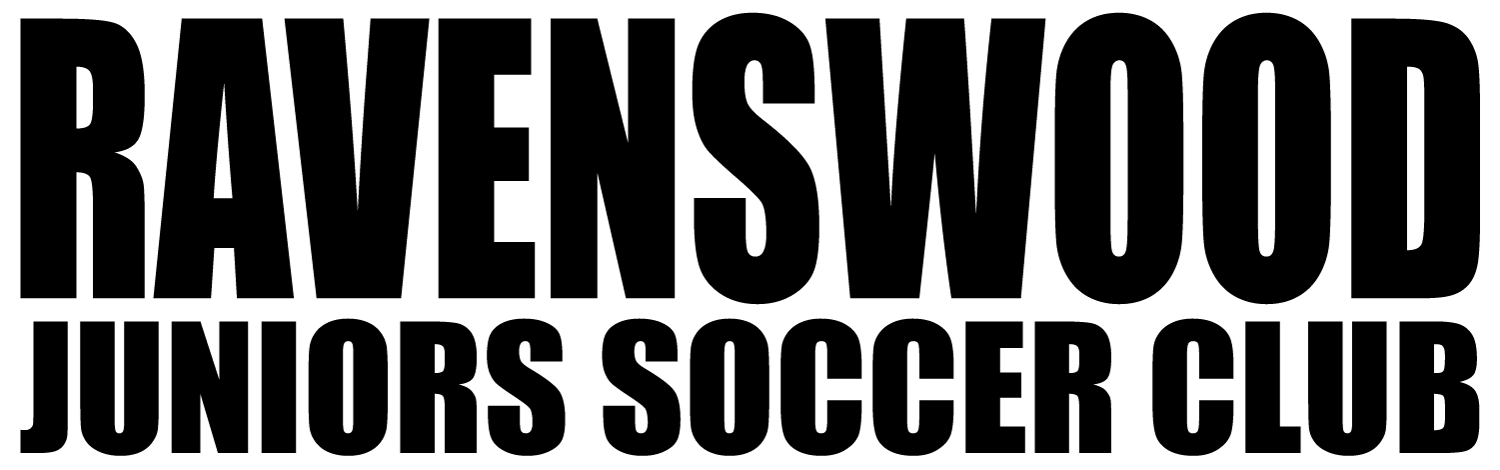 A text-based logo reading "RAVENSWOOD JUNIORS SOCCER CLUB" in bold, black, sans-serif capital letters across two lines.