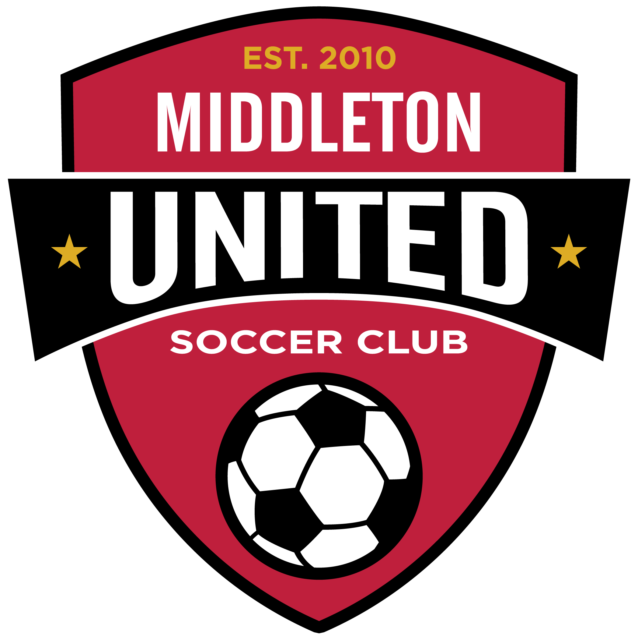 MIDSU1 - Middleton United SC "CREST" FULL Color: A red shield-shaped soccer crest with a black banner across the middle. The text "EST. 2010" and "MIDDLETON" appear at the top in gold and white. "UNITED" is featured in large white letters on the central banner, flanked by two gold stars. Below the banner, the words "SOCCER CLUB" sit above a black and white soccer ball graphic at the bottom of the shield.