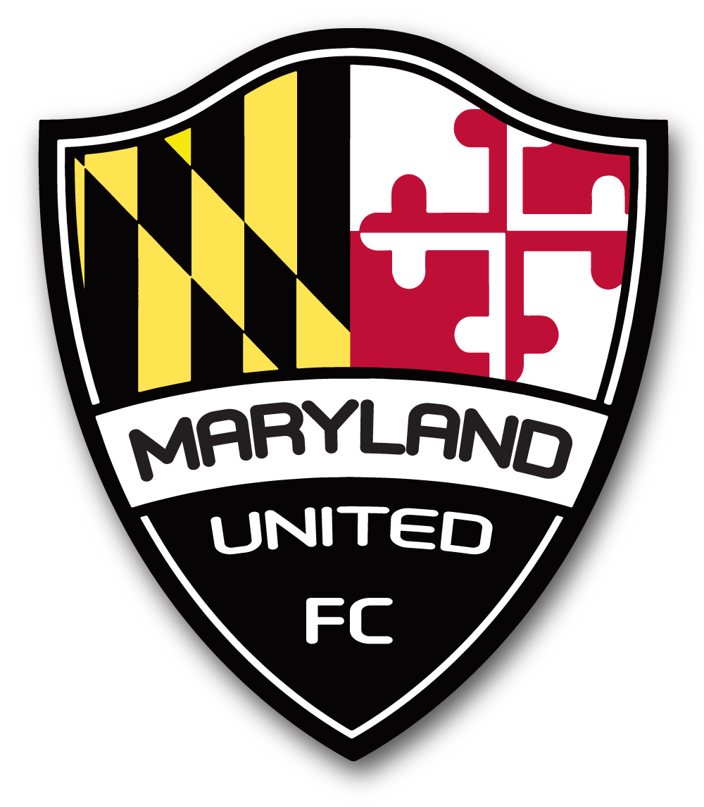 MDU Crest: A shield-shaped logo for Maryland United FC featuring the Maryland state flag patterns on the top half and the text "MARYLAND UNITED FC" on the bottom half.