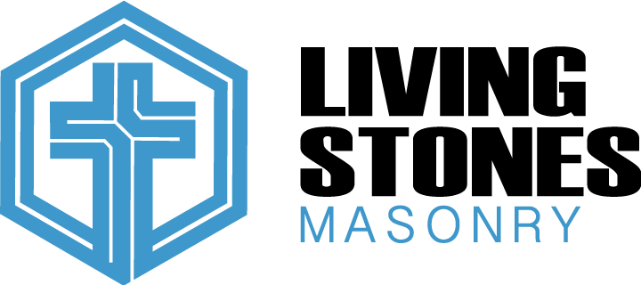 A logo for KOSA7 - KOSA "LIVING STONES" FULL Color, featuring a light blue hexagon containing a stylized, interlocking cross design. To the right, the words "KOSA" and "MASONRY" are stacked in blue, all-caps sans-serif text against a solid black background.