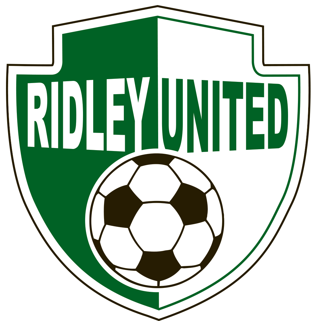 RDLY6 - Ridley United "CREST" FULL Color: A shield-shaped logo divided vertically in green and white, featuring the text "RIDLEY UNITED" across the top and a black and white soccer ball centered below.