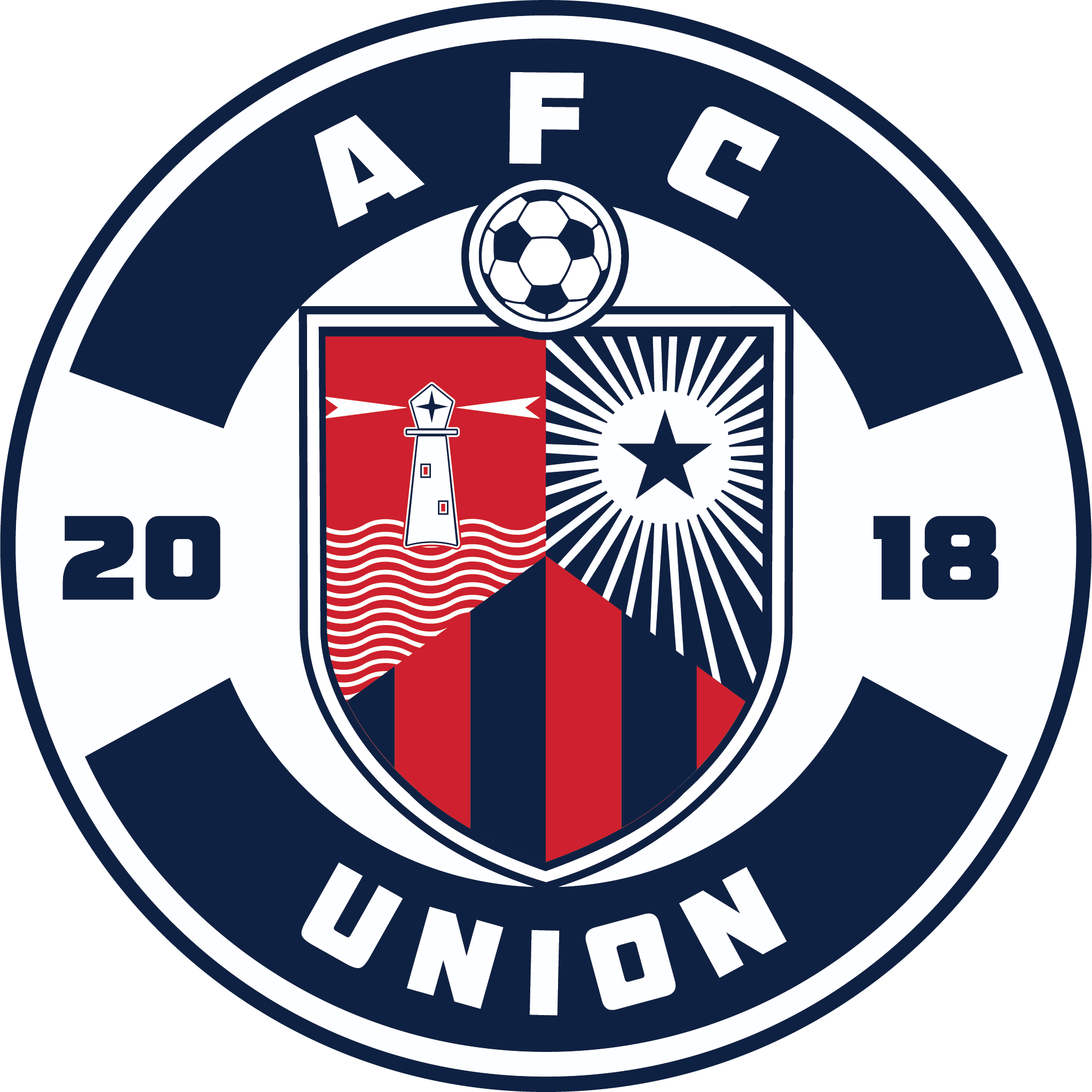 AFCU7 - AFC Union "CREST" POCKET Color. A circular logo with a dark blue outer border containing the text "AFC" at the top, "UNION" at the bottom, and the numbers "20" and "18" on the sides. The center features a shield divided into three sections: a red field with a lighthouse and waves, a white field with a blue star and rays, and a base with vertical red and blue stripes, topped by a small soccer ball icon.