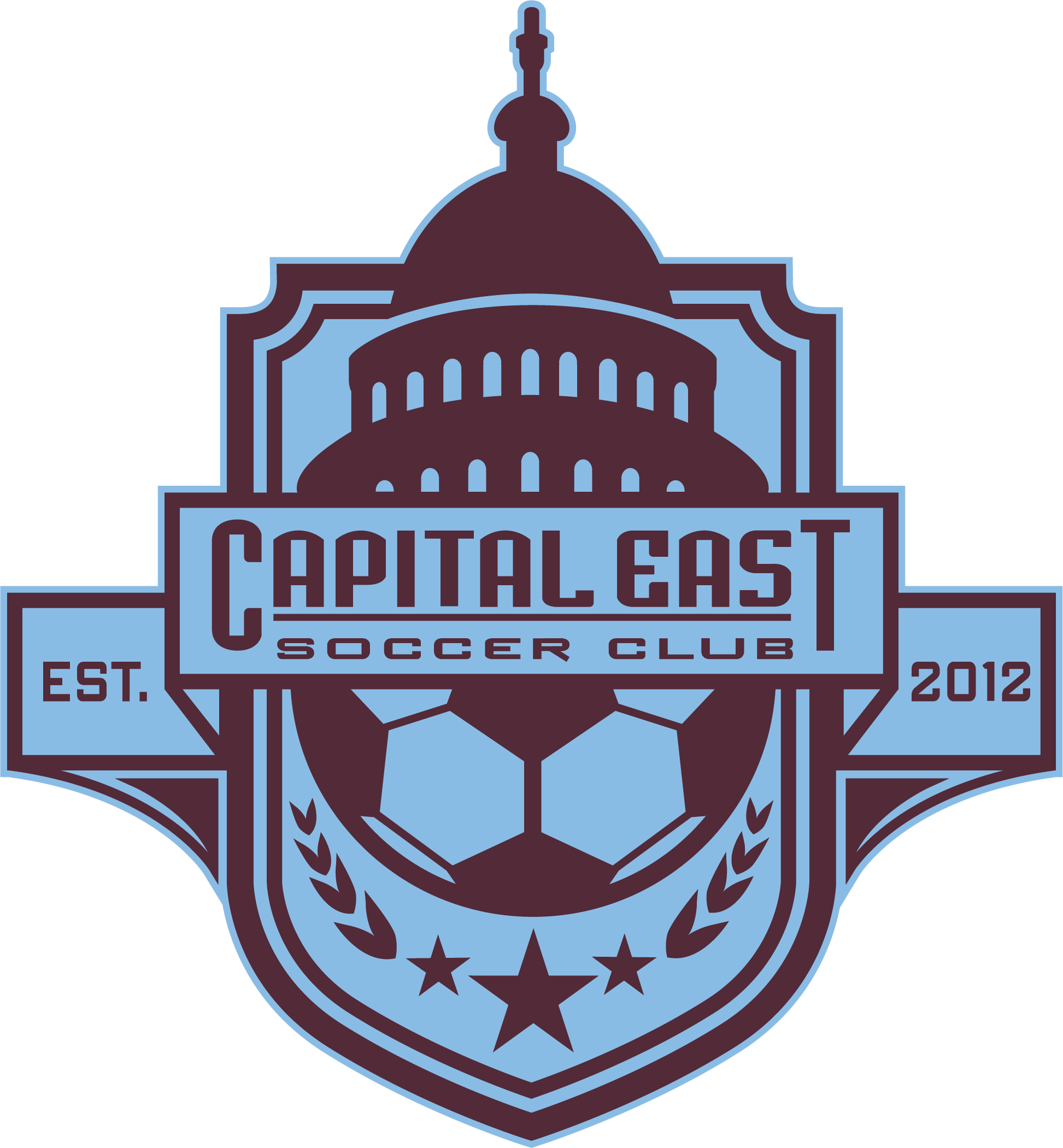 A maroon and light blue soccer club logo titled CAPE1 - Capital East "CREST" FULL Color. The crest features a capitol dome silhouette at the top and a central banner reading "CAPITAL EAST SOCCER CLUB." Side ribbons show "EST. 2012." The bottom includes a soccer ball graphic, laurel leaves, and three stars within a shield-shaped border.
