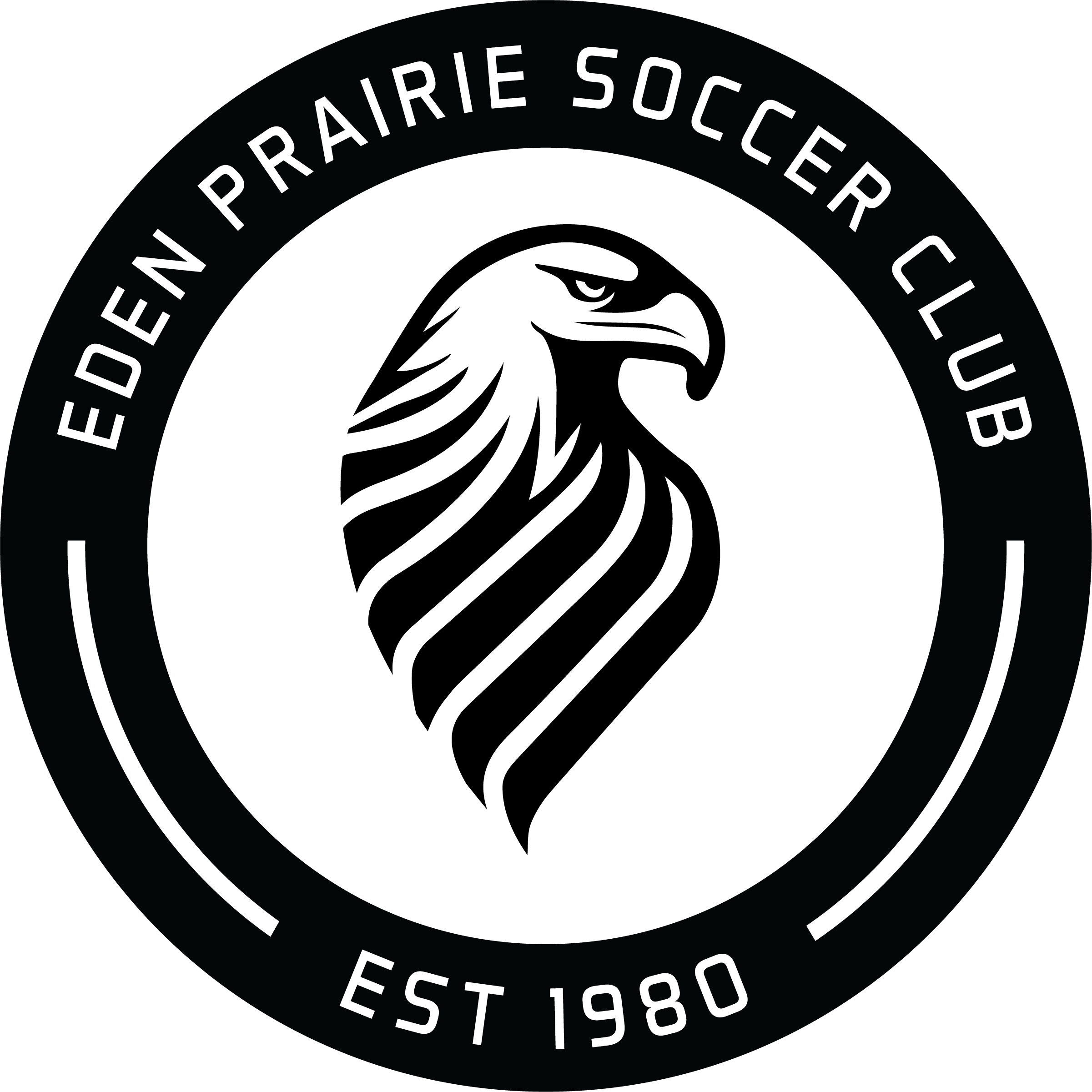 A circular black and white logo for EPSC2 - Eden Prairie SC "CREST" FULL Black, featuring a stylized eagle head in the center surrounded by a black outer ring with white text that reads "EDEN PRAIRIE SOCCER CLUB" along the top and "EST 1980" along the bottom.