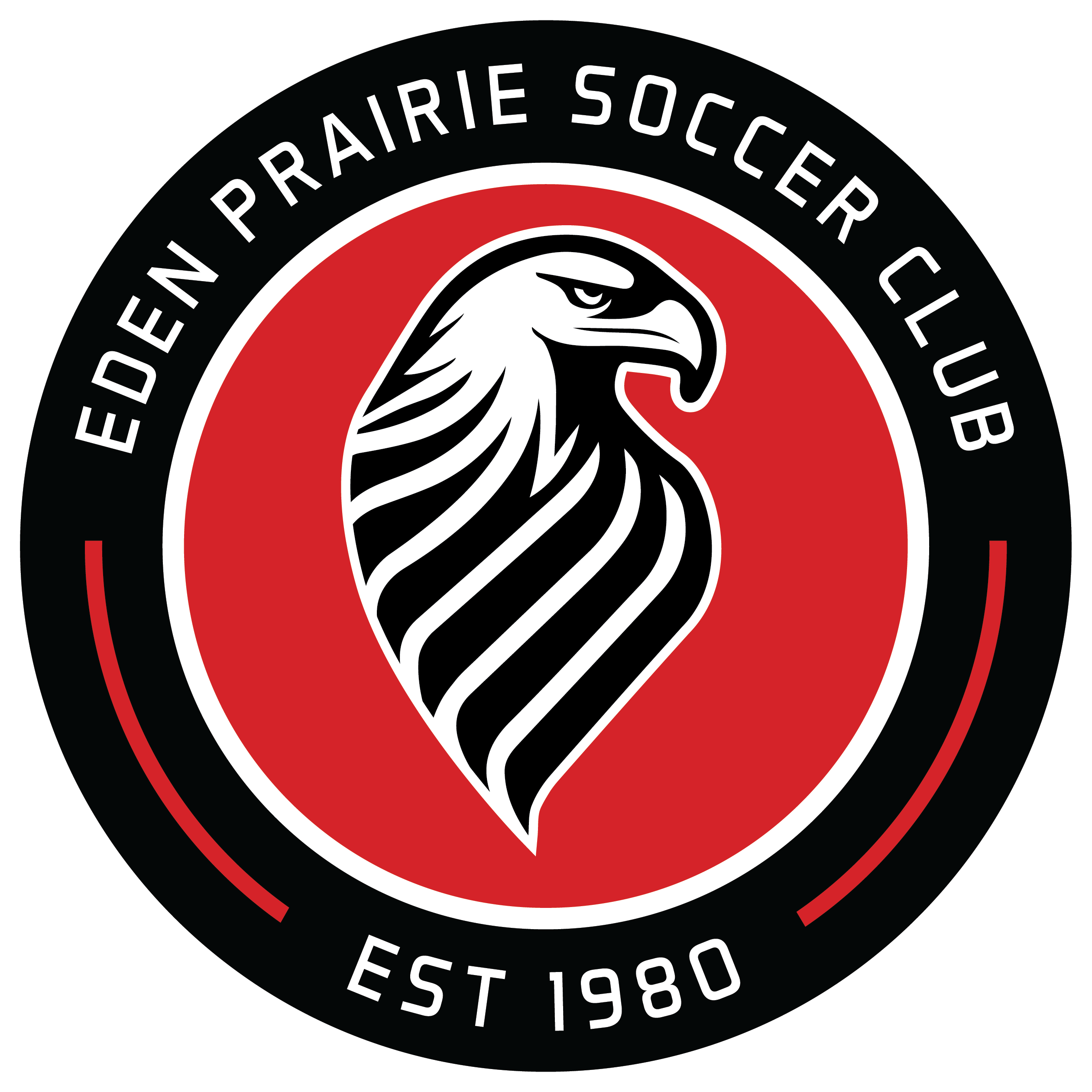 EPSC1 - Eden Prairie SC "CREST" FULL Color: A circular logo featuring a stylized black and white eagle head profile on a red background, surrounded by a black border with the white text "EDEN PRAIRIE SOCCER CLUB" and "EST 1980."