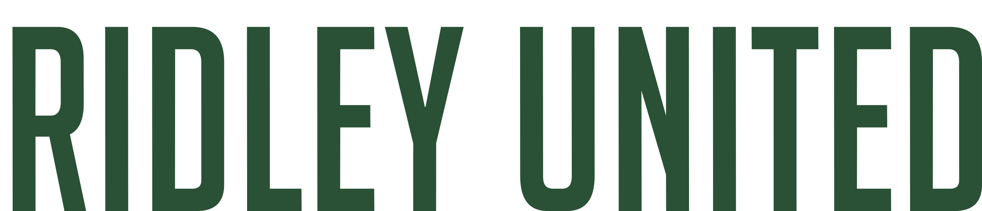 A graphic of the words "RIDLEY UNITED" in a bold, condensed, dark forest green font, corresponding to product RDLY3 - Ridley United "TEXT" FULL Forest.