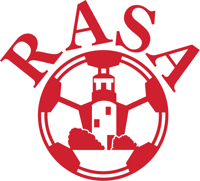 The red logo for AFC Union 'RASA' features the word "RASA" in an arched, serif font above a circular emblem. Inside the circle is a stylized soccer ball design that incorporates a lighthouse with small windows and bushes at its base.