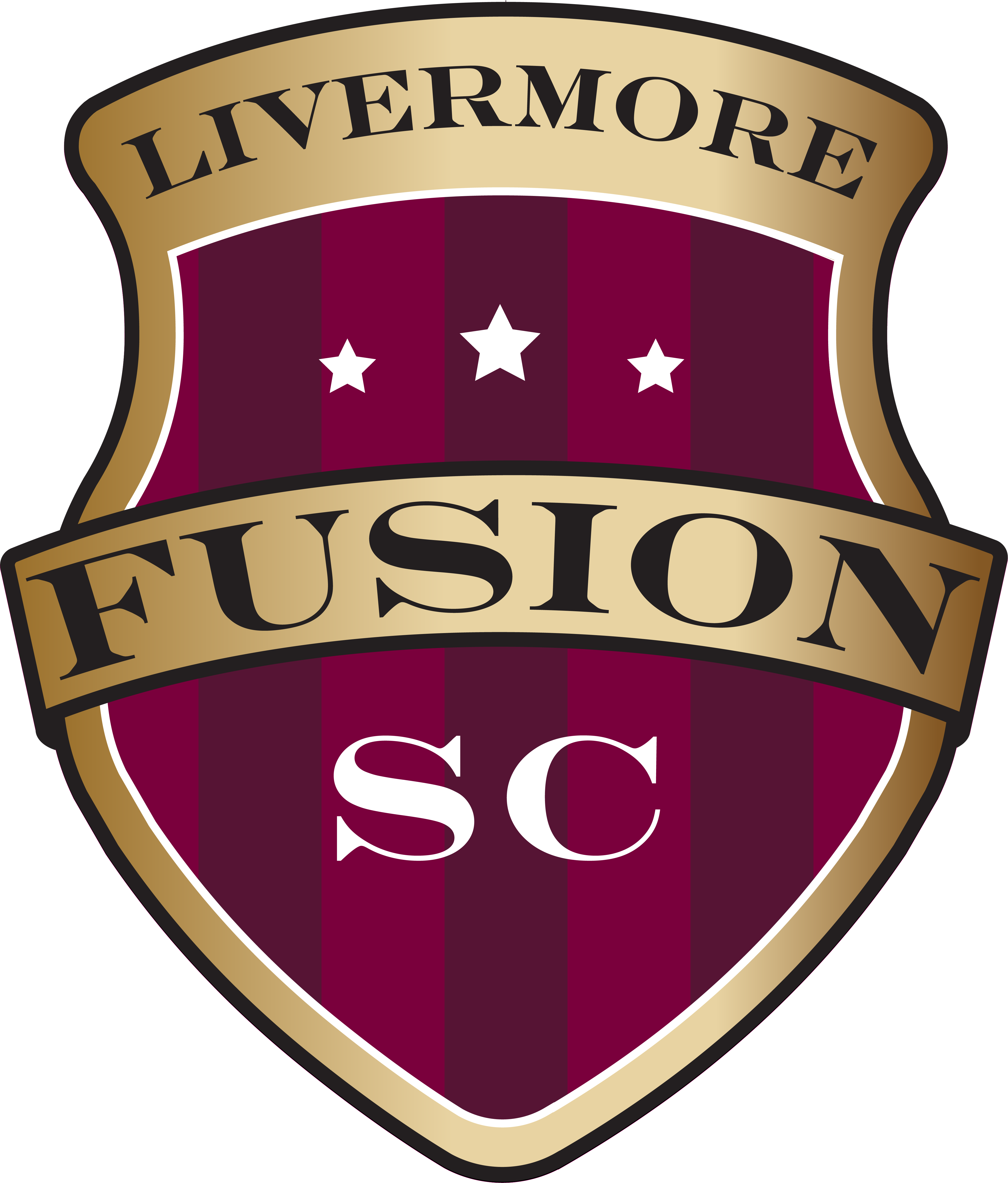 A shield-shaped logo with a gold border and maroon and dark red vertical stripes. The word "LIVERMORE" is arched across the top, "FUSION" is featured on a central gold banner, and three white stars sit above the white letters "SC" at the bottom.