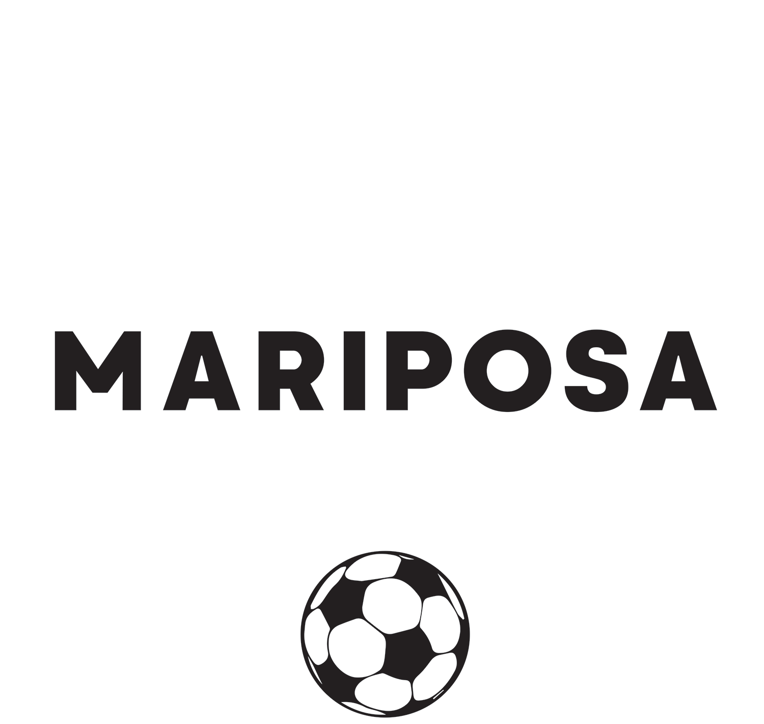 A black and white Mariposa Crest Logo featuring the word "MARIPOSA" in a bold, sans-serif font centered above an illustration of a soccer ball.